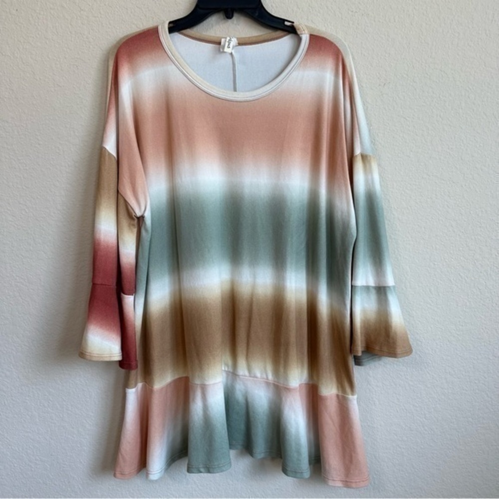 Crepas Top Tie Dyed Striped Flare Bell Ruffle Sleeve Boho Bohemian Plus Size